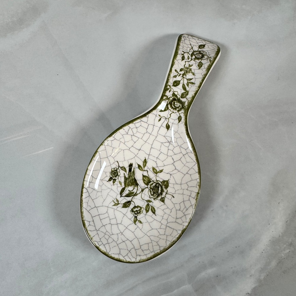 Cracker Barrel Susan Winget Garden Crackle Spoon Rest White Green Bird‎ Flowers
